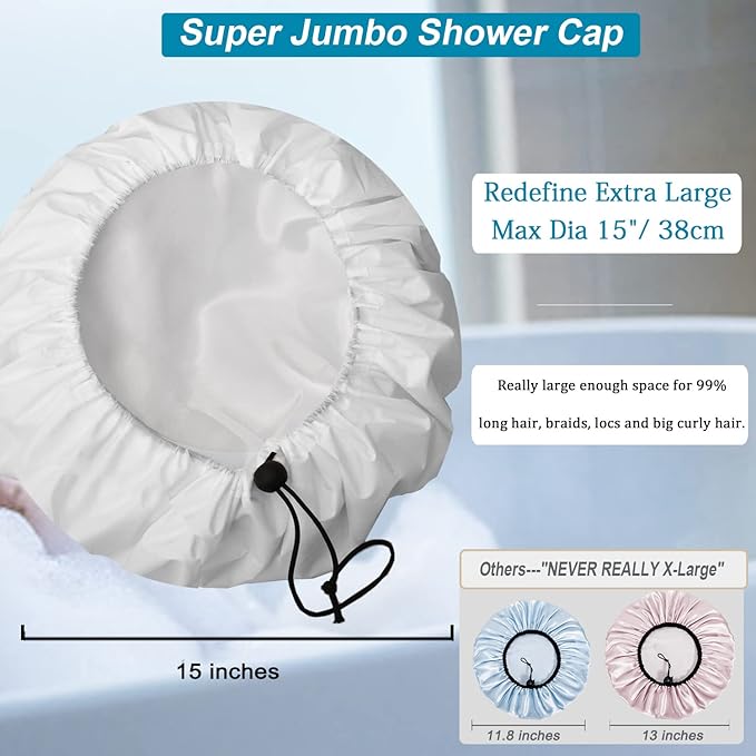 3 Pcs Extra Large Shower Caps for Women, Waterproof Adjustable XL Jumbo Satin Lined Shower Cap for Long Hair & Braids, Reusable Double Layer Large Bath Cap for Dreadlocks, Locs (White)