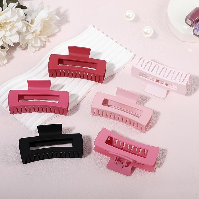 4 Inch Big Hair Claw Clips 6 Pcs Large Claw for Thick Hair Square Hair Clips for Women Rectangle Hair Clips Nonslip Acrylic Banana Jaw Clips Hair Accessories for Girls (Pink)