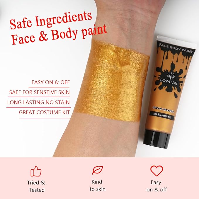 Bowitzki Face and Body Paint 2oz Cream Makeup 60ml Water Based Face Painting Special Effects For Adults Halloween Christmas Party Stage Cosplay (Gold+Silver)