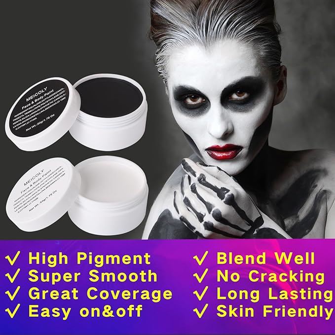 MEICOLY 7Pcs Halloween Makeup Kit,Black White Face Paint Clown White Makeup with Setting Powder,Classic Pro Oil Based Face Body Paint for Unisex Adult, SFX Joker Zombie Vampire Skull Skeleton Makeup
