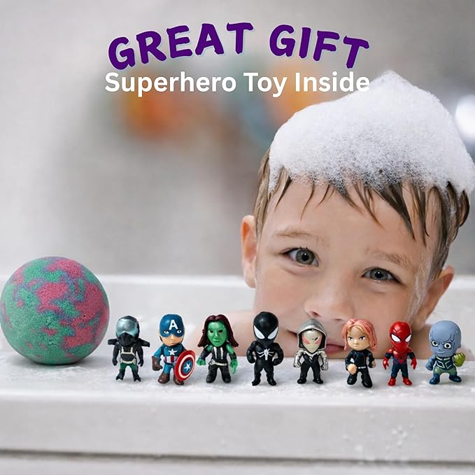 EvolutionUSA Purple Epic Superhero Bath Bombs for Kids, 6 Super Hero Bath Bombs with Toy Inside, Lush Childrens Bathbombs, Organic Bathbomb with Surprise Inside, Fizzy Fun Superhero Bath Balls