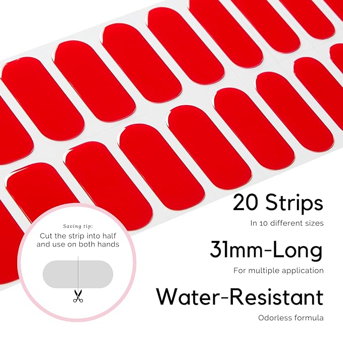 NAILOG Semi Cured Gel Nail Strips, 20Pcs Bright Red Long Lasting Stickers, Salon Quality Easy Apply & Remove Works with Any UV/LED Nail Lamps, Jelly Crush