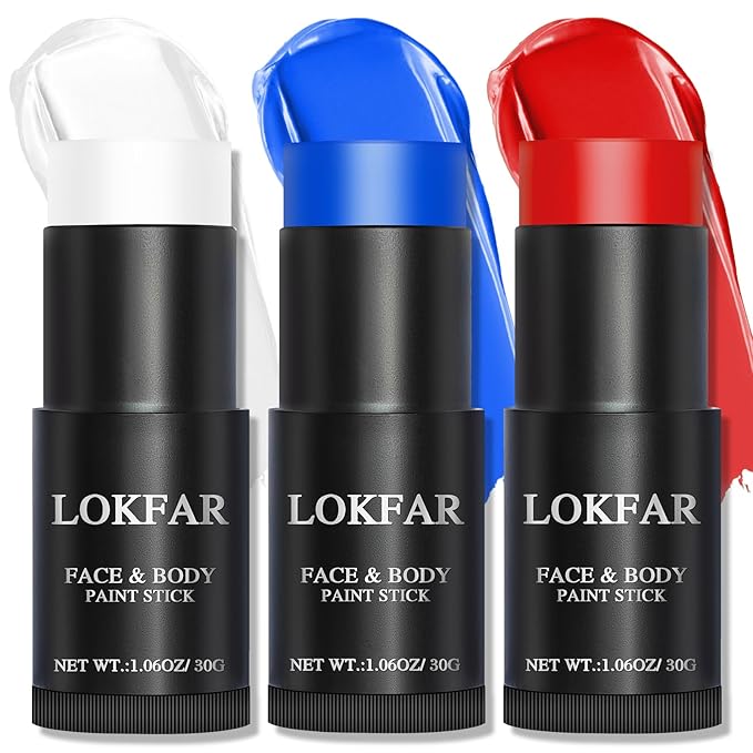 Red & Blue & White Face Body Paint Stick, White Foundation Makeup, Usa Themed Accessories Flag Color, Professional Halloween Face Makeup Kit for Clown Vampire Joker Costume