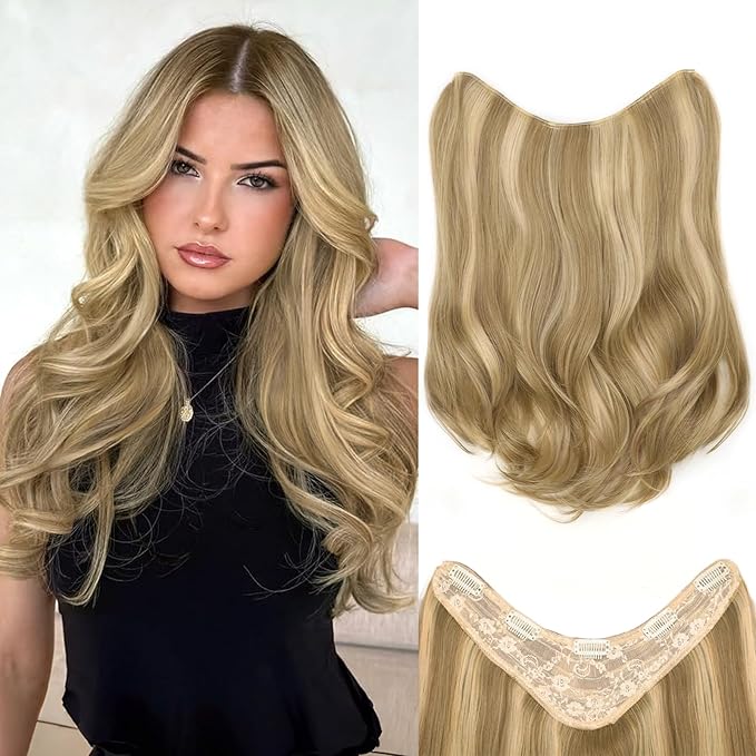 ALXNAN Long Wavy Layered Hair Extensions for Women, Clip in Hair Extensions Clip Ins Soft Full Head Synthetic Hairpieces 16 Inch Dirty Blonde