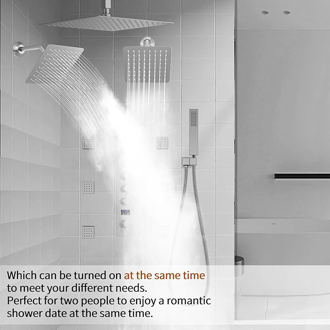 WHSHOWER Brushed Nickel Shower System with 12+8+8" Three Top Shower Heads, Full Body Shower System with Temperature Display,Handheld Sprayer and Body Jets Shower Set