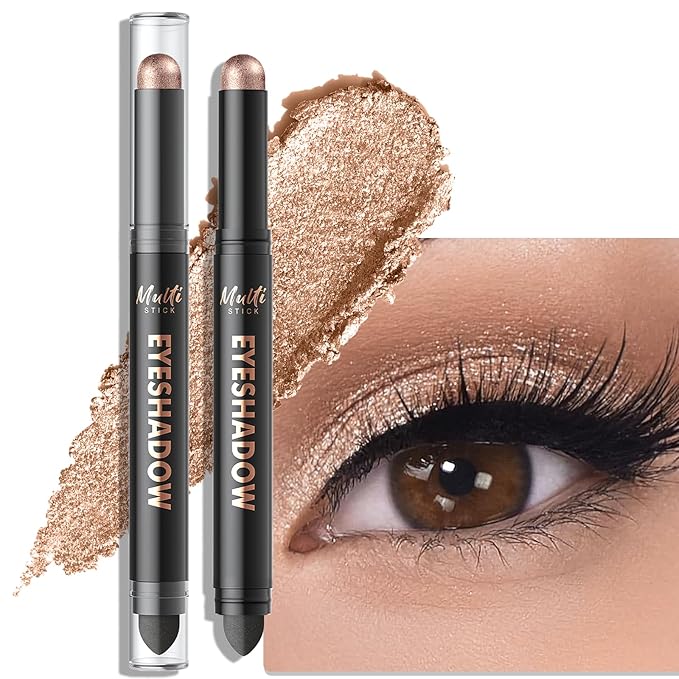 Dual-Ended Sand Shimmer Eyeshadow Stick - Long-Lasting Cream Eye Shadow Stick Crease-Proof Eyeshadow Pencil, Easily Blendable Neutral Eye Highlighter Makeup with Built-in Smudger, 08