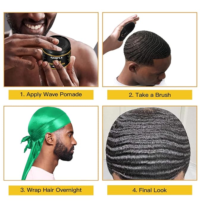 Silky Durags for Men Wave Pomade Strong Hold Easy Wash 360 Wave Training Hair Cream, Waves Grease for Men Promotes Layered Waves Silky Satin Durag Extra Long Tails Wave Brushe Silky Durag Wave Cap Set