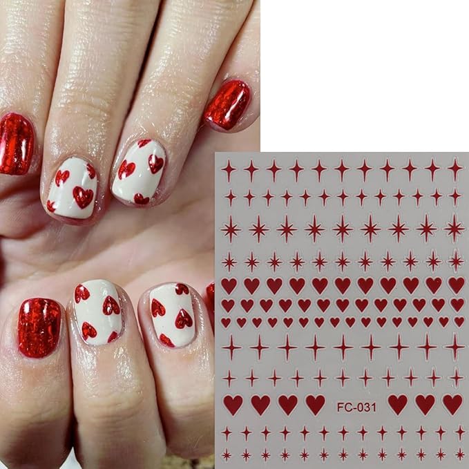 8 Sheets Heart Nail Art Stickers Red Gold Silver Black Star and Heart Nail Decals Valentines Nail Sticker Romantic Hearts Shaped Design Valentine's Stickers for Women Manicure Decoration
