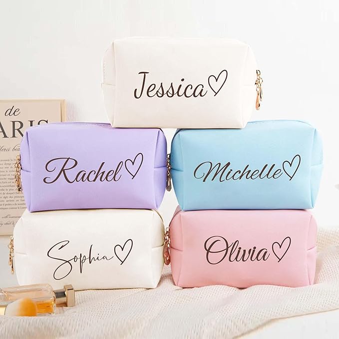 Fincekoom Valentines Day Gifts for Her Teen Girls, Personalized Makeup Bag with Name & Birth Flower, Custom Leather Cosmetic Bags for Women, Customized Travel Toiletry Bag Gifts for Bridesmaid Wedding