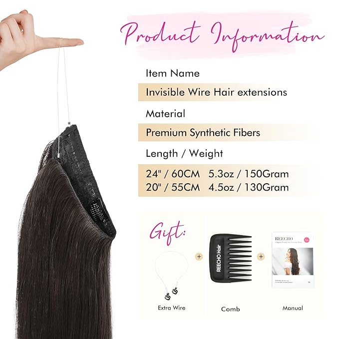 REECHO Invisible Wire Hair Extensions with Transparent Headband Adjustable Size Removable Secure Clips in Straight Secret Hairpiece for Women (24 Inch (Pack of 1), Black Brown)