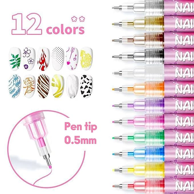 Nail Art Pens 12 Colors Nail Art Pens Set, 0.5mm 3D Nail Polish Pens+24 Reusable Template Stickers Nail Art Markers for Nail Art, Quickly Dry Nail Art Pen for Painting Nails for Home Salon