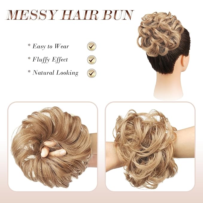 FESHFEN Messy Bun Hair Piece - Wavy Synthetic Chignon Scrunchies for Instant Volume, Elastic Bun Ponytail Hair Extensions Thick Hairpieces for Women, Strawberry Blonde 1.50 oz