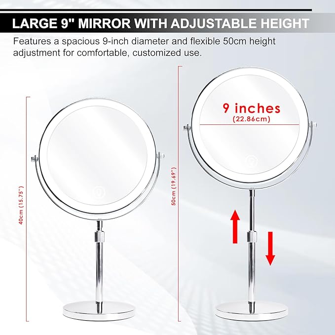DANOPLUS Makeup Mirror with Lights, 9" Large Magnifying Mirror with 1X/10X, 360°Rotation Vanity Mirror, 3 Color Brightness Adjustable Light Up 5000mAh Rechargeable, Double-Sided, Gift for Women