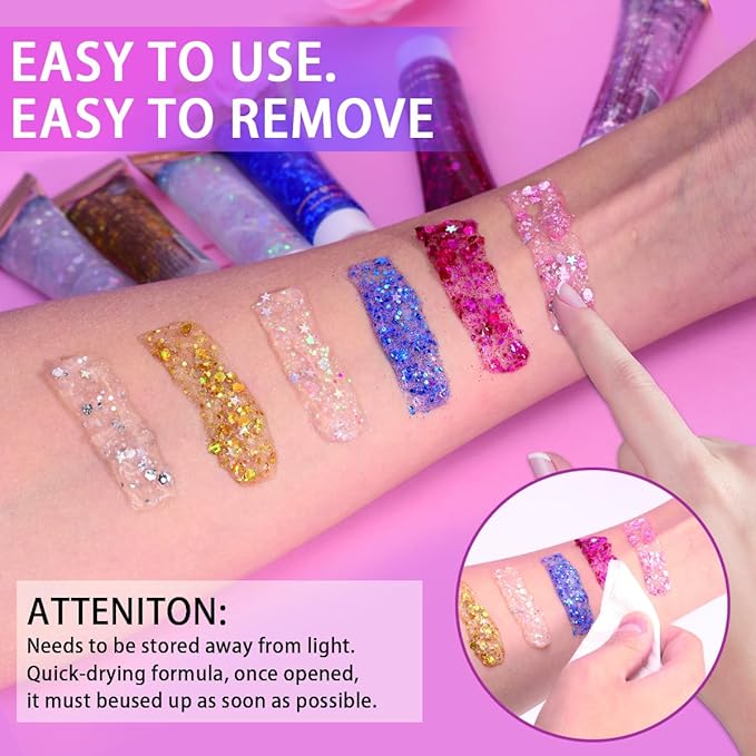Miss Demi 6 Colors Face Body Glitter, Halloween Hair Glitter Sparkles Chunky Face Glitter Gel, Holographic Glitter Gel Set for Face and Body Makeup, Festival Party Decoration Rave Accessories. (01)