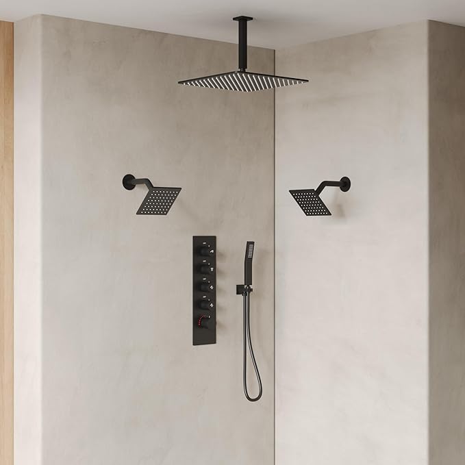 EVERSTEIN Thermostatic Shower system, 16, 6 in. Bathroom Shower Set Wall Mount Dual Shower Head Faucet in Matte Black