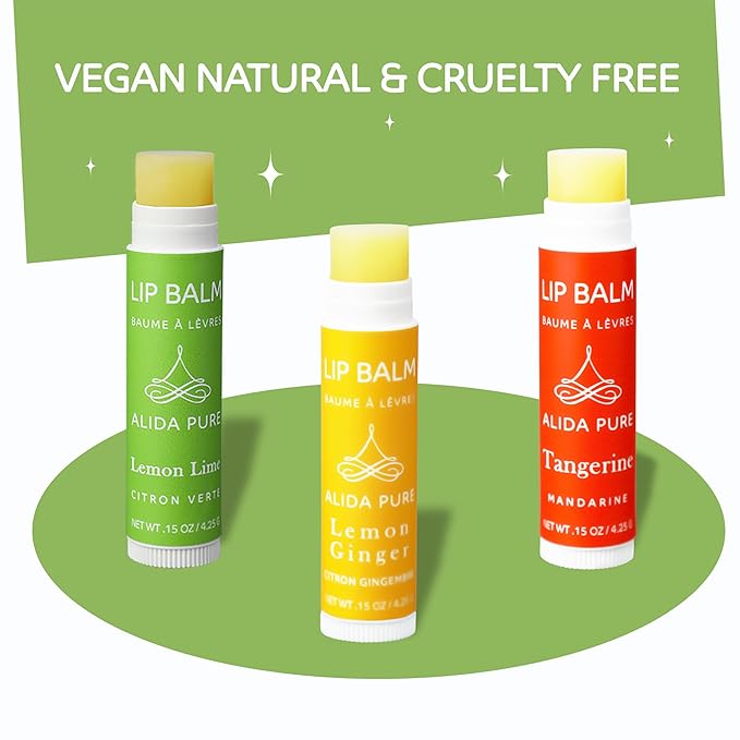 ALIDA PURE Citrus Lip Balm Collection, Vegan Set, Bees Wax Free, Coconut Oil Free, with Organic Jojoba and Avocado Oil, Vitamin E, Natural Moisturizer For Dry Cracked Lips, 3 Tube Set