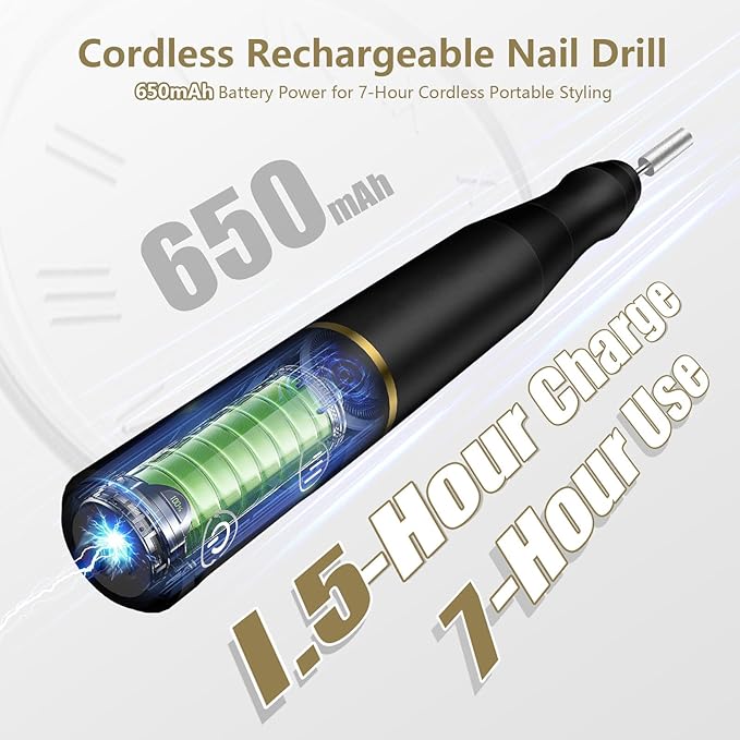 Cordless Nail Drill Electric Rechargeable File Kit, Professional Efile Acrylic Gel Nail Polish Remover Pedicure Manicure Machine Portable Set with 11 Bits 56 Sanding Bands (Black)