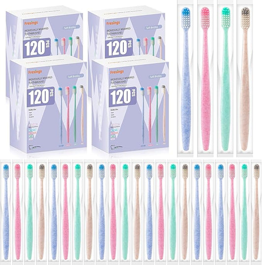 480-Pack Disposable Toothbrushes Individually Wrapped, Soft PBT Bristle Bulk Portable Travel Toothbrushes for Adults & Kids, Guest Bathroom, Hotel, Camping, Donation - 4 Gemstone Colors