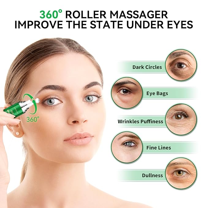5% Caffeine & Retinol Eye Cream for Dark Circles, Bags, Puffiness & Wrinkles - Anti Aging Under Eye Serum with 360° Roller Ball - Men & Women Dark Circle Treatment
