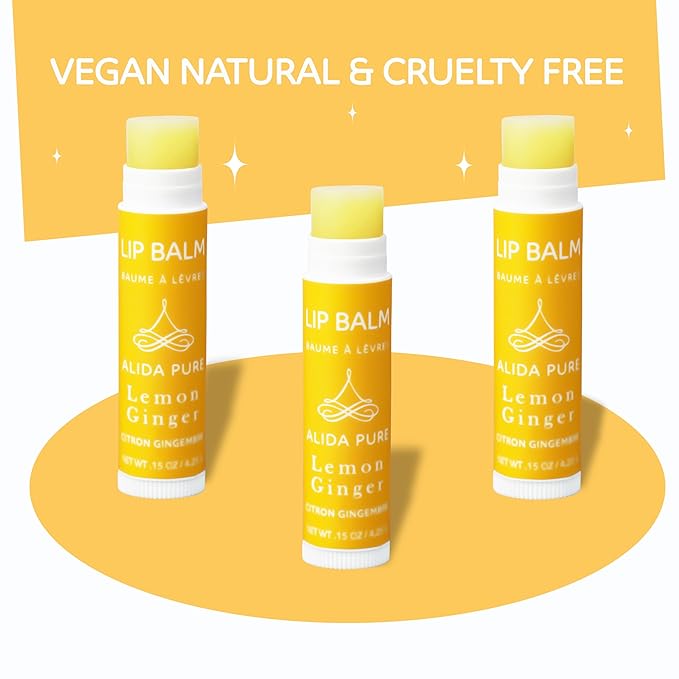ALIDA PURE Lemon Ginger Lip Balm Collection, Vegan Set, Bees Wax Free, with Organic Jojoba and Avocado Oil, Vitamin E, Natural Moisturizer For Dry, Cracked, or Chapped Lips, 3 Tube Set