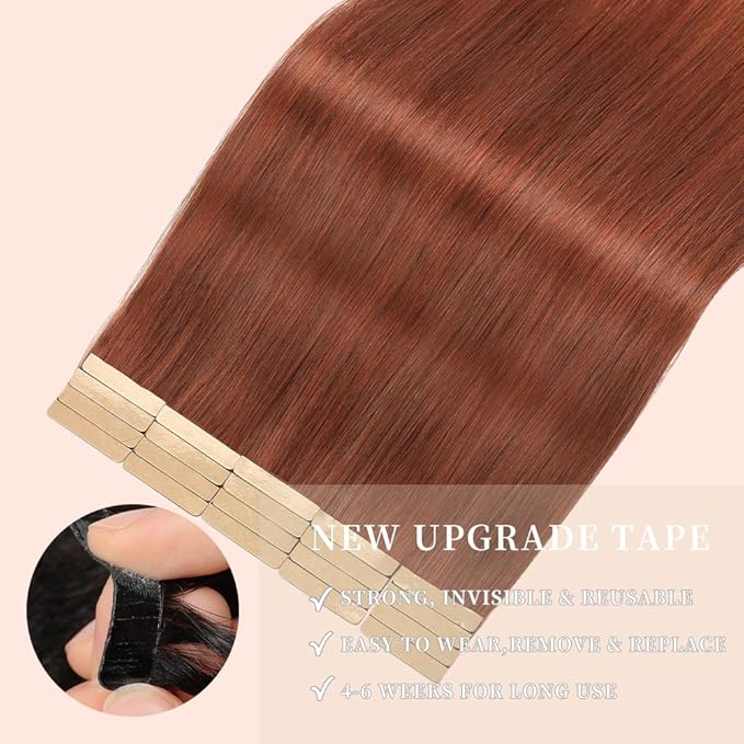 Tape in Hair Extensions Real Human Hair 24 Inch Auburn Brown Double Sided Tape for Skin Weft Hair Extension Invisible Tape in Hair Extensions Straight Remy Human Hair for Women 20pcs (#A33,24 Inch)