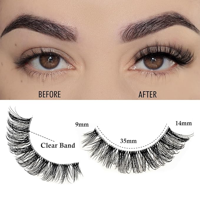 Lashes Wispy False Eyelashes Natural Cat Eye Strip Lash Fluffy Fake Lashes Strips Clear Band Mink Eyelash Natural Look Cateye Demi Wispies Eye Lashes Pack 7 Pairs Short Full Pestañas Set