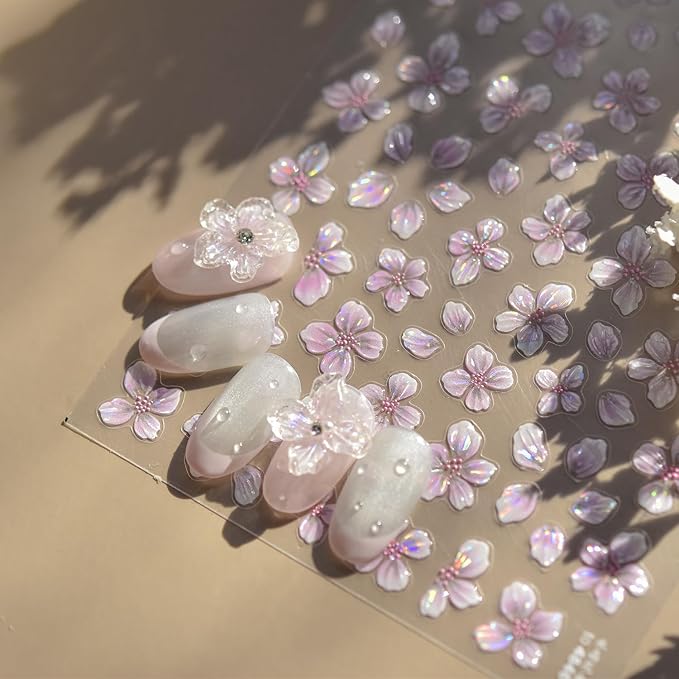 4sheet Flower Nail Stickers for Spring Nail Art 5D Embossed Nail Art Stickers Decals Pink Flower Self-Adhesive Acrylic Nail Supplies Summer Floral for Women Manicure Decorations