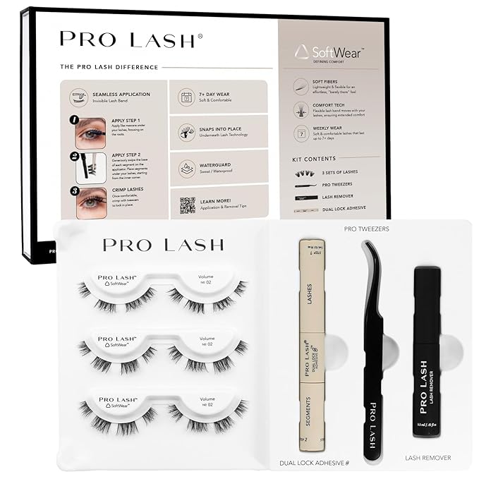 Pro Lash SoftWear Starter Lash Clusters Kit - Seamless, Lightweight Lashes - 7-Day Cluster Eyelash Extensions - 3 Sets of False Eyelashes Plus Adhesive, Remover, Tweezers - Volume No. 02 Black