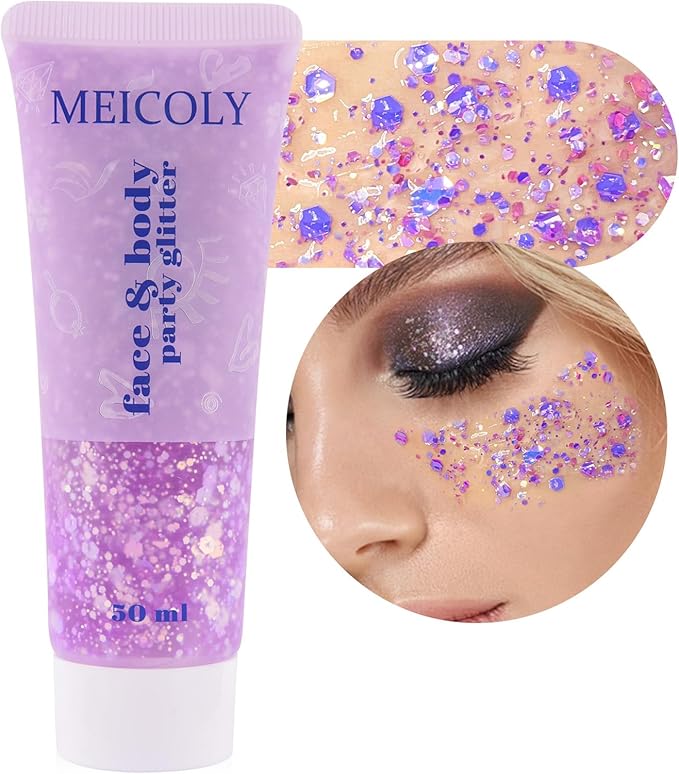MEICOLY Chameleon Light Purple Hair Glitter,Holographic Chunky Face Body Glitter,Color Changing Mermaid Face Glitter,Self-adhesive Glitter Sequin for Face Body Hair,Festival Party Cheer Glitter Makeup