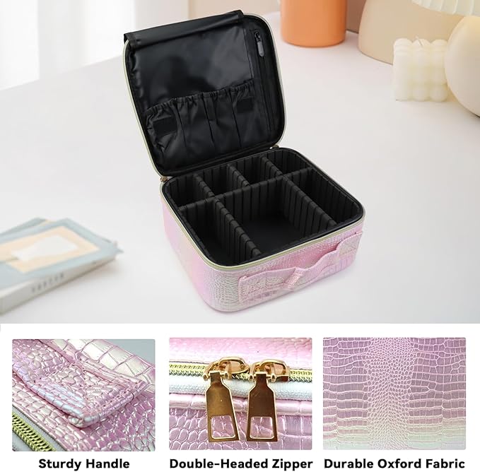 SLUMAZI Travel Makeup Bag Makeup Cosmetic Train Case Organizer Portable Storage Bag with Adjustable Dividers for Cosmetics Makeup Brushes Toiletry Jewelry Colored Crocodile Pattern
