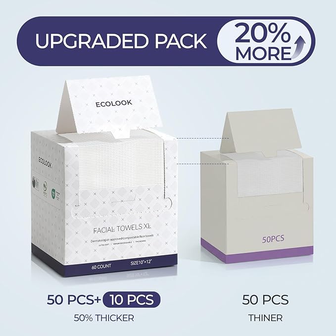 ECOLOOK Disposable Face Towel XL-60 Count Upgraded Thick Facial Towels, Ultra Soft Clean Face Towels Disposable, 10"x12" & 90 GSM, Ideal for Sensitive Skin-1 PACK