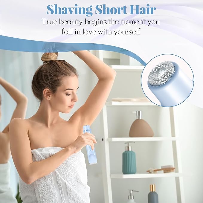 Bikini Trimmer for Women, 2-in-1 Painless Electric Razor with Ceramic Blade, Cordless for Sensitive Skin, Waterproof Dual Head Shaver Women for Facial and Body (Blue)