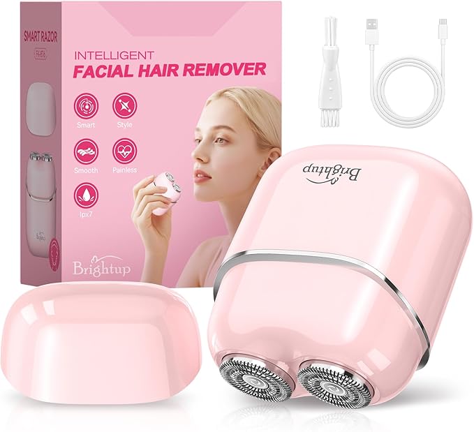 Brightup Facial Hair Remover for Women - Painless Electric Face Shaver for Peach Fuzz on Lip & Chin, USB-C Rechargeable & Waterproof, Mini Size Portable for Smooth Skin On-The-Go (Pink) (Pink)