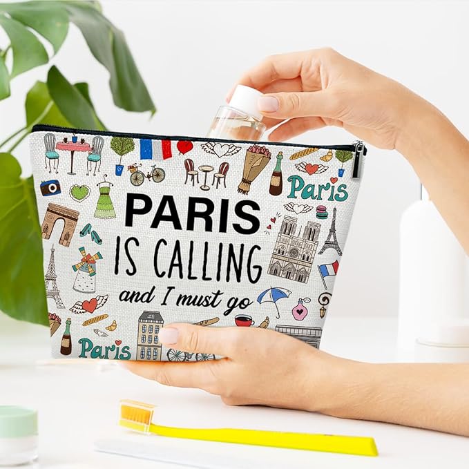 Ythuil Funny Paris Travel Makeup Bag, City Themed Trip Gifts Favors, Trip Lover Gifts For Women Her, Travel Cosmetic Bag For Holiday Vacation, Paris Is Calling And I Must Go