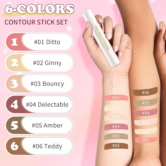 AWCCXMYM 6 Colors Cream Contour Stick Makeup Set Dual-ended Blush & Highlighter Bronzer Stick for Sculpt the Cheeks Long Lasting & Waterproof Matte Finish Face Contouring Set A