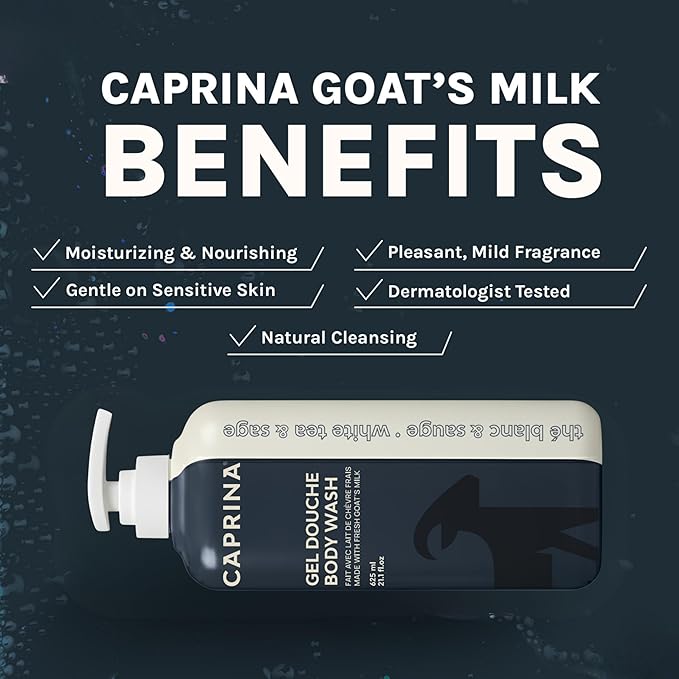 Caprina Fresh Goat’s Milk Body Wash, WHITE TEA & SAGE Formula, 625 ml, Moisturizing Cleanser for Normal Skin, Gentle Daily Hydration