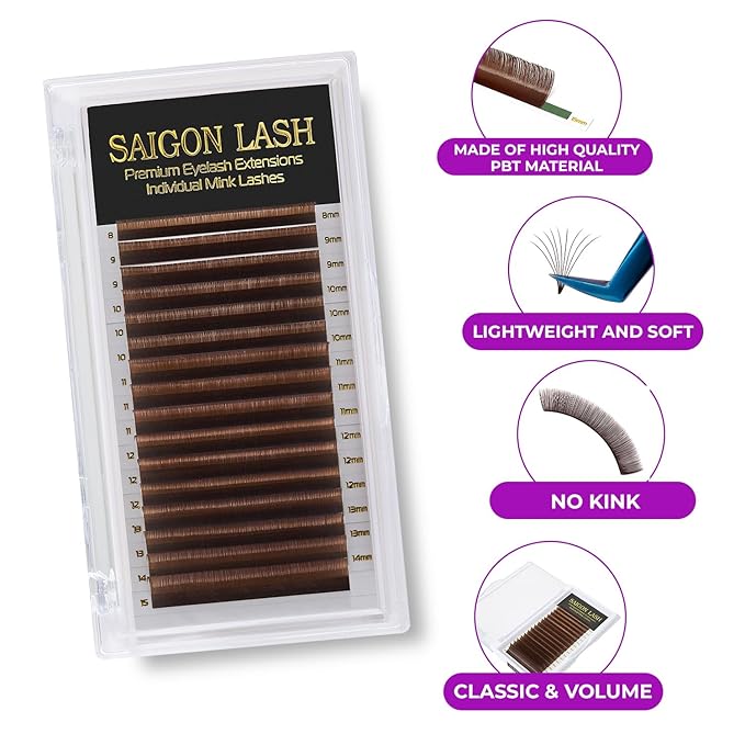 Eyelash Extensions, Mink Lash, Volume & Classic Lashes for Professionals, J/B/C/CC/D/L/M Curl, 4-15mm Length, Soft Korean PBT Fiber, 16 Rows Lash Tray (Dark brown-C-0.07-8-15mm)