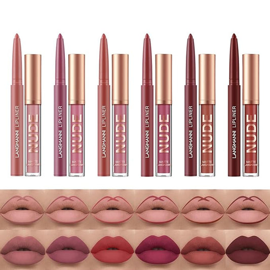Jolilab 12Pcs Matte Lip Liner + Liquid Lipstick Set, One Step Velvety Nude Lip Stain Waterproof Long Wear High Pigment Lip Makeup Gift Set（Set A