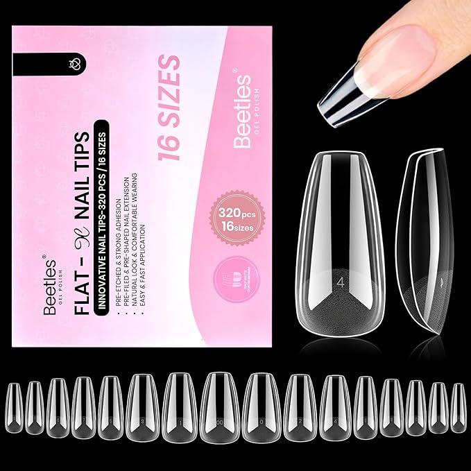 Beetles Gel Nail Tips Flat-X - Coffin Medium, 320pcs 16 Sizes, Pre-Etched Half Matte Full Cover Soft Acrylic Press on False Nail Extension Tips Easy DIY Salon Art for Flat & Natural Nail Beds