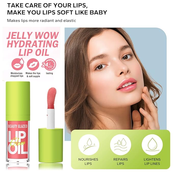Beauty Glazed Big Brush Head Lip Oil, Ultra-Hydrating & Nourishing, Smooth Glossy Finish Lip Glow Oil, Shiny and Vegan Tinted Lip Gloss, Non-Sticky Formula (1, 101# MEET)
