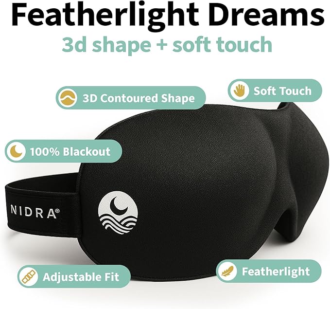 Nidra Contoured Sleep Mask for Men Women – Zero Pressure Fit, Light Blocking Eye Shade for Side Sleeping & Travel – Black, Small Size