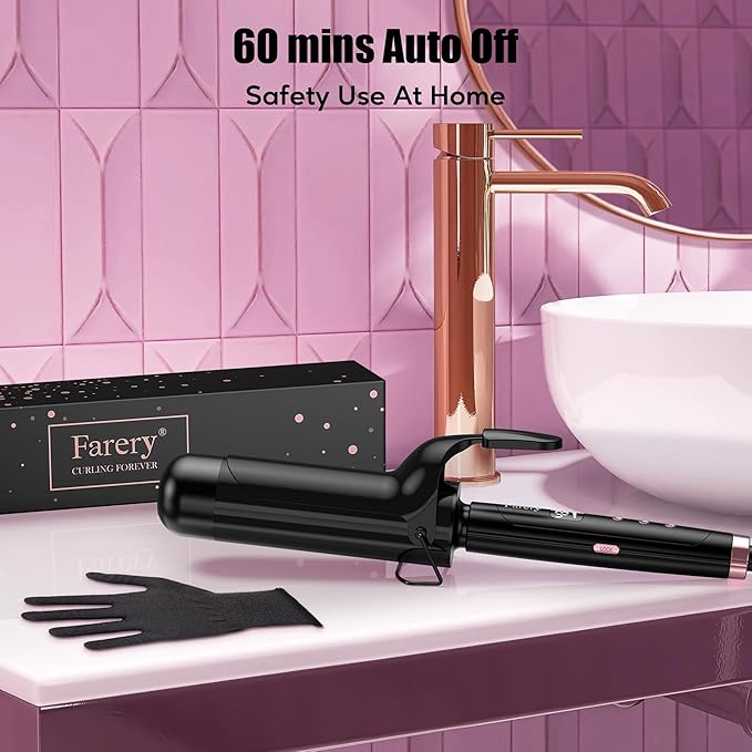 Farery 2 inch Curling Iron For Long Hair, Lightweight Large Barrel Curling Iron 2 Inch, Ceramic Curling Wand Infused Argan Oil & Keratin for Bouncy Big Curls, 9 Temps Digital Display & Lock Key, Glove