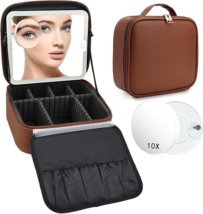 SLUMAZI Travel Makeup Bag with LED Mirror and 10x magnifying glass with 3 Lighted Settings, Adjustable Dividers and Makeup Brush Storage Bag Dark Brown