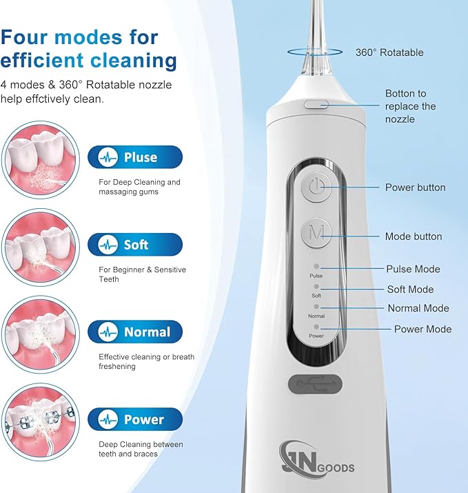 JNGOODS Cordless Water Dental Flosser Oral irrigator,JNGOODS 310ml Rechargeable Water flosser for Teeth IPX7 Waterproof 4 Modes Portable Oral Irrigator with 4 Jet Tips,Travel Home use (White)
