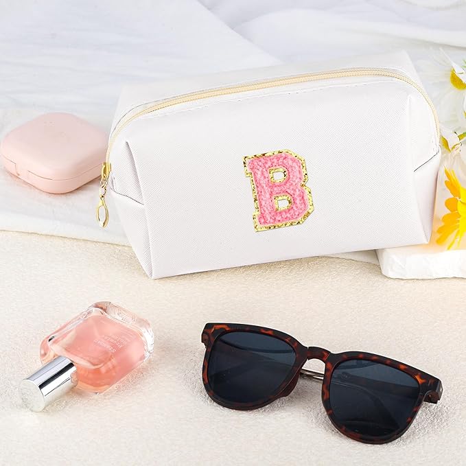 URSKYTOUS Initial Makeup Bag Personalized Preppy Travel Small Cosmetic Bag Cute PU White Chenille Letter Makeup Pouch for Purse Waterproof Zippered Toiletry Organizer for Women Girls Kids Friends (B)