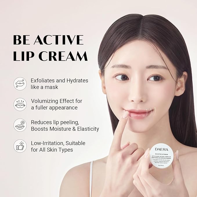 Daera B.E Active Lip Cream 6g, Hydrating, Moisturizing & Plumping Korean Overnight Sleeping Mask for Dry Lips, Glossy Finish, Natural Ingredients, Non-Irritating, Gentle for Sensitive Skin