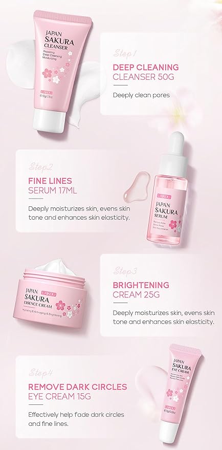 Travel Skincare Kit - Sakura Gentle Daily Face Routine Set for Teen Girls & Women | Hydrating Cleanser, Anti-Aging Serum, Moisturizer, Eye Cream - Radiant Skin Mini Holiday Box Gift (4PC)