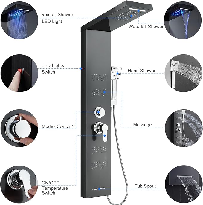 TSIBOMU Stainless Steel Shower Panel Tower System with LED Lights, 5 in 1 Shower Panel with Rainfall Waterfall Shower Head, Body Spray, Handheld Shower, Tub Spout (Black)