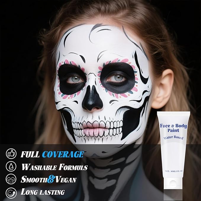 White Face Body Paint, Water Based Cream White Body Painting For Art Theater Halloween Party Cosplay Clown Skull Joker Zombie Vampire Skeleton Goth SFX Makeup for Women Adults
