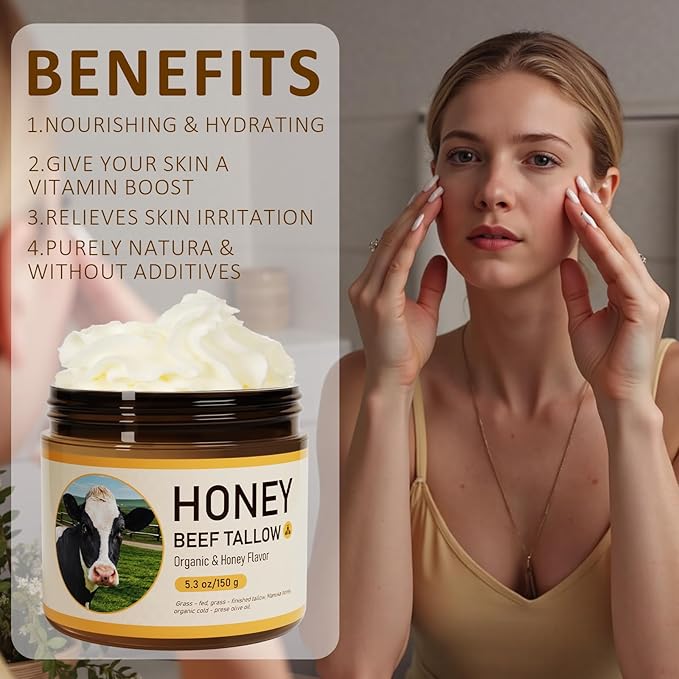 Beef Tallow, Beef Tallow for Skin, Tallow Face Moisturizer, Honey-Flavoured Whipped Tallow Face Cream Moisturizer Beef Tallow Blam Grass Fed Body Lotion Skin Care, 5.3 OZ